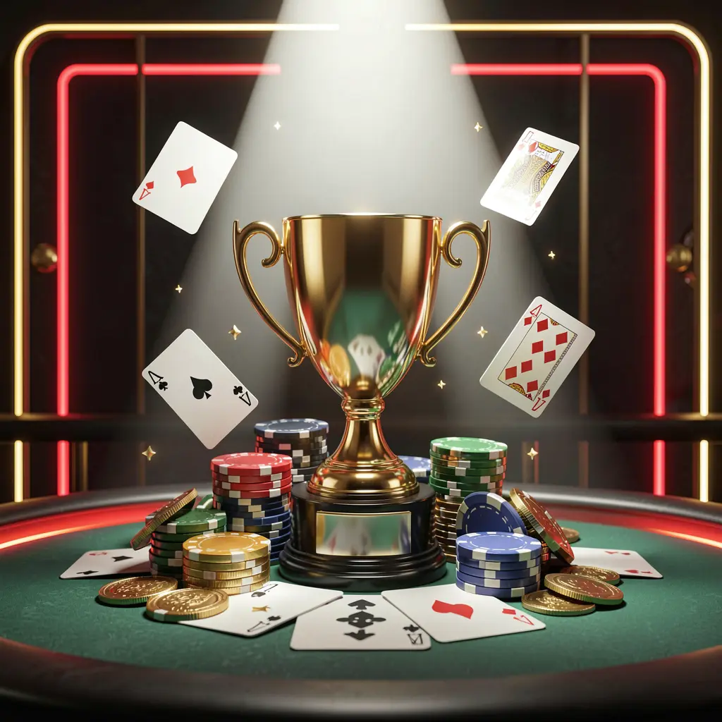 Golden trophy surrounded by poker chips, playing cards, and coins under a bright spotlight in a competitive luxury casino atmosphere with red and gold neon accents, featuring TKQQQ casino tournament bonus concept
