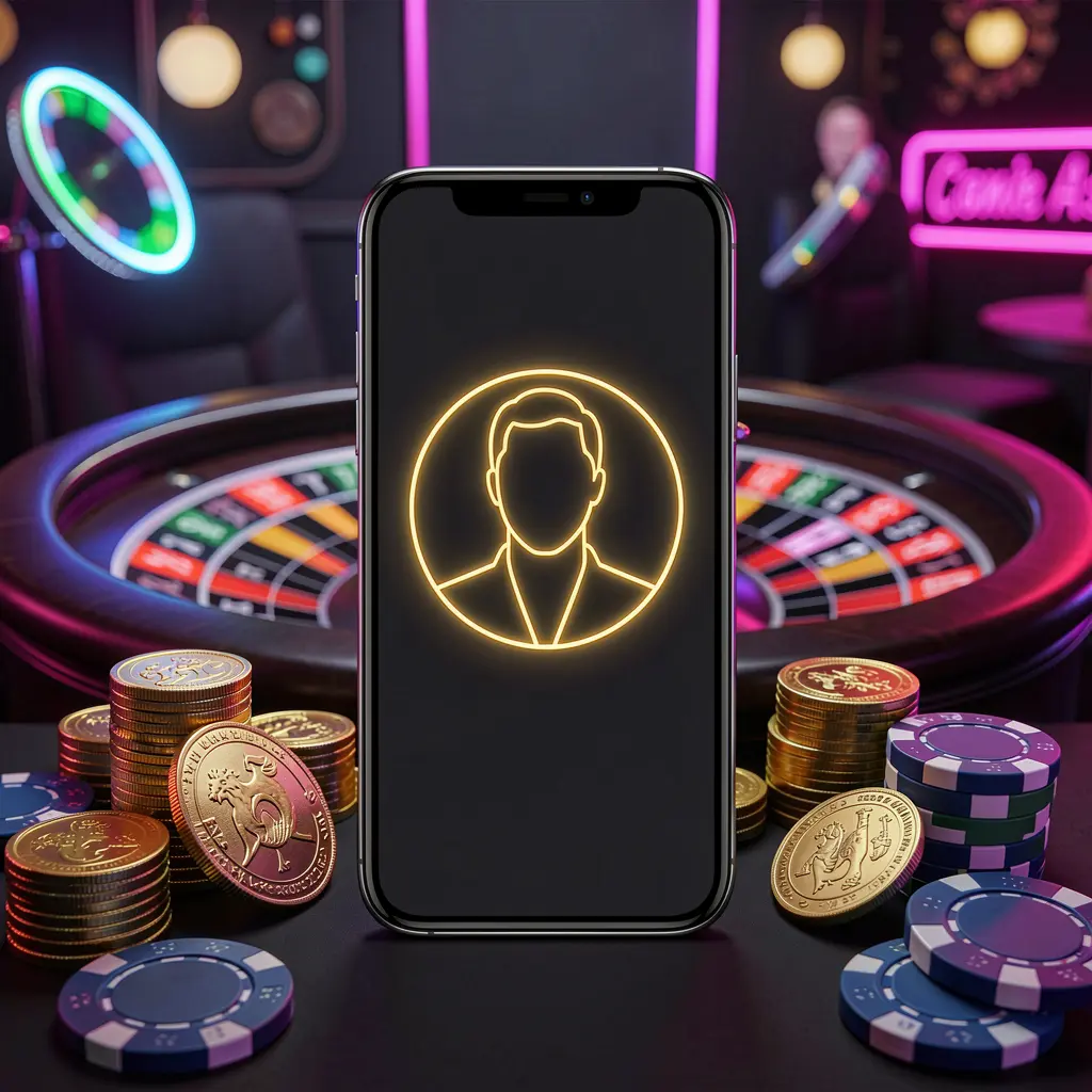 TKQQQ online casino sign in hero image featuring a modern phone with a glowing profile icon, roulette lights in the background, and golden coins and poker chips in a premium dark neon atmosphere