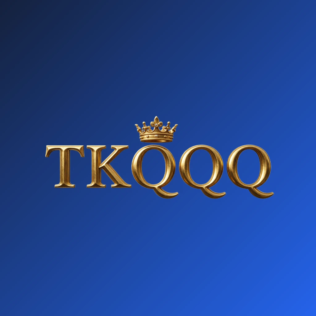 TKQQQ luxury brand logo with gold metallic crown above the letters, royal design on transparent background, horizontal rectangular wordmark ideal for website header