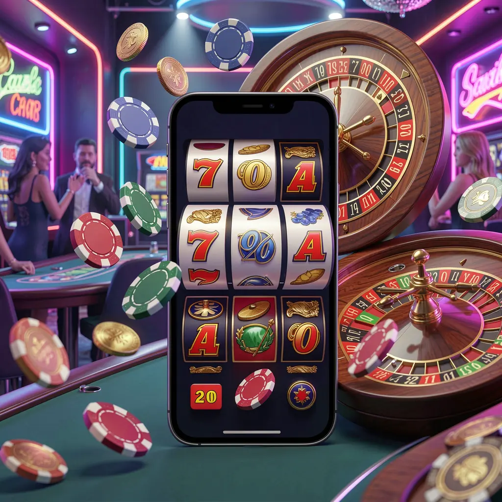 TKQQQ casino entertainment homepage concept featuring a modern mobile phone surrounded by slot symbols, a roulette wheel, chips, and coins floating against a neon casino background in a premium 3D render